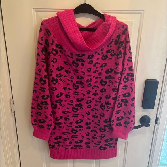 Anthropologie Eesome Fuchsia Leopard Off-Shoulder Sweater Dress - Picture 2 of 4